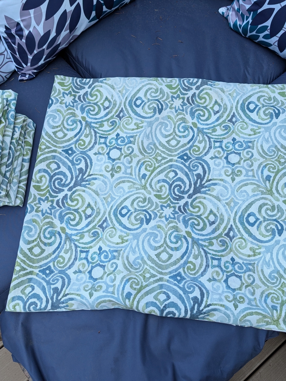 Set Of 6 Outdoor Blue and Green Swirl Accent Pillow Covers. COVERS ONLY.